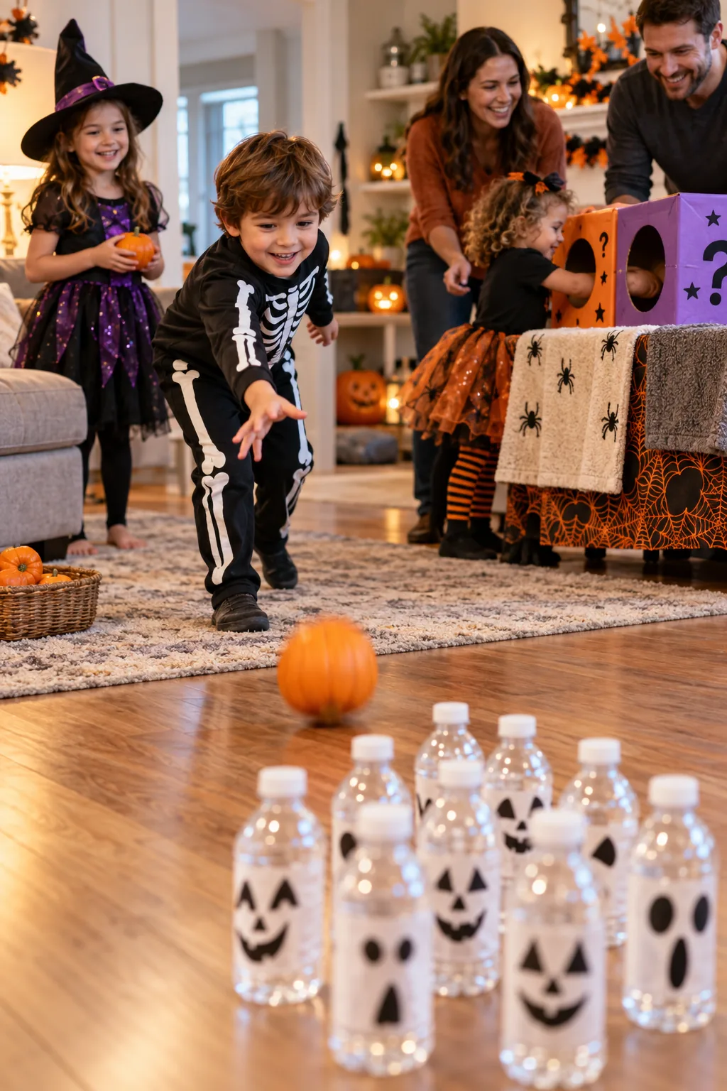 Child rolling a mini pumpkin toward decorated water bottles while another child plays a Halloween mystery box game.