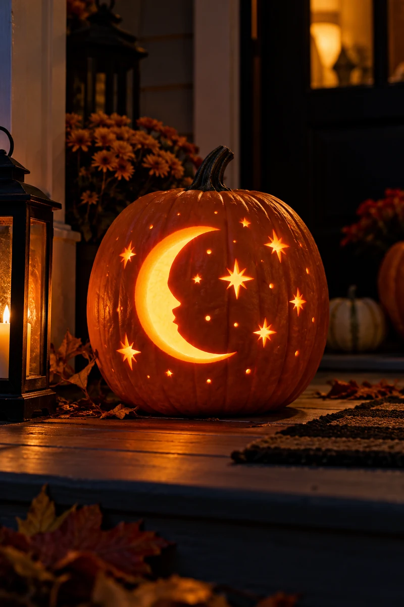 21 Printable Pumpkin-Carving Patterns for Halloween 1 Carved pumpkin glowing with a crescent moon and scattered stars on a dark porch