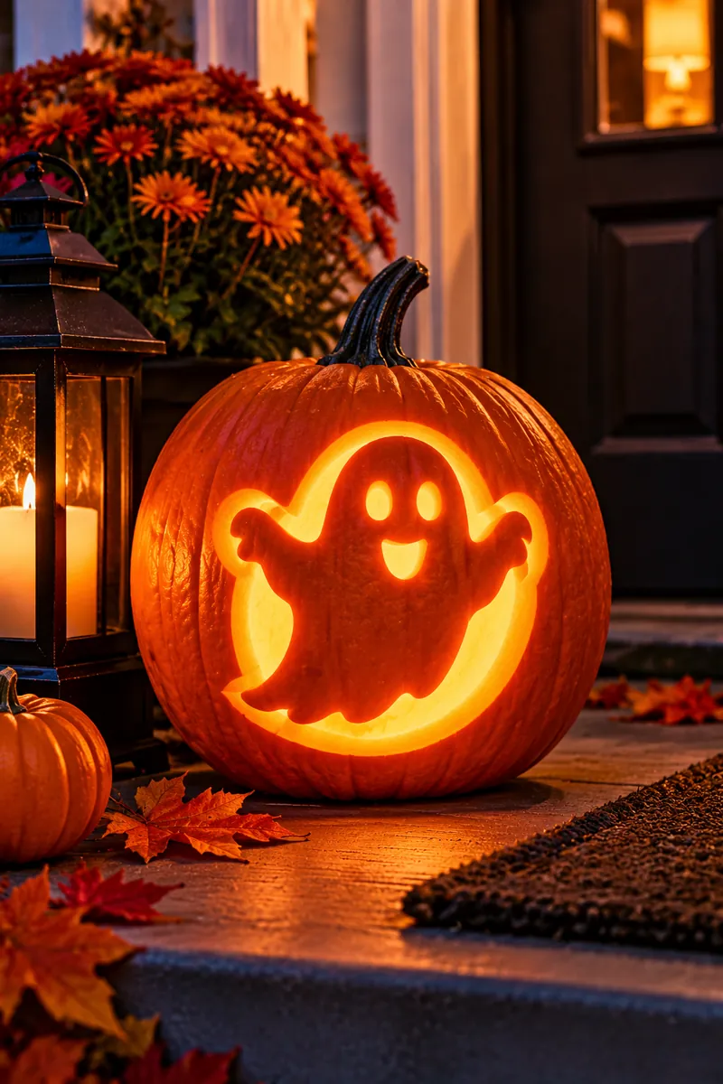 21 Printable Pumpkin-Carving Patterns for Halloween 2 Glowing carved pumpkin with a friendly ghost shape cut out, lit on a front porch