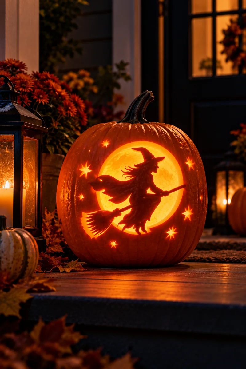 21 Printable Pumpkin-Carving Patterns for Halloween 3 Carved pumpkin with a witch flying on a broomstick silhouette glowing at night