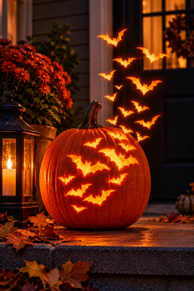 21 Printable Pumpkin-Carving Patterns for Halloween 4 Carved pumpkin with a swarm of small glowing bats flying upward