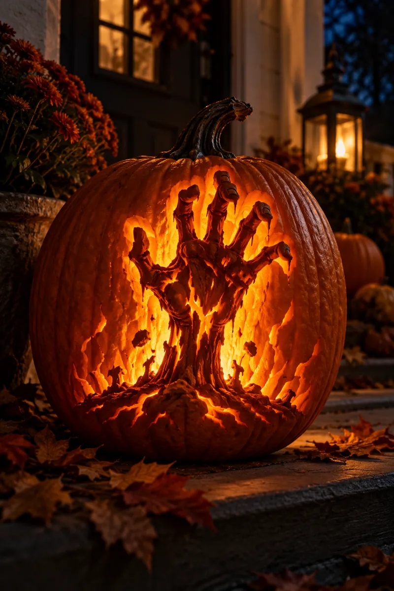 21 Printable Pumpkin-Carving Patterns for Halloween 5 Carved pumpkin with a zombie hand rising from the bottom, glowing eerily