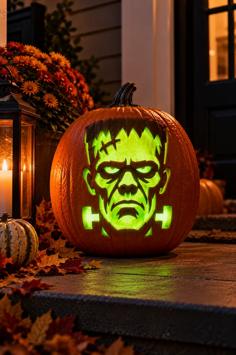 21 Printable Pumpkin-Carving Patterns for Halloween 6 Carved pumpkin with Frankenstein monster face and neck bolts, glowing green