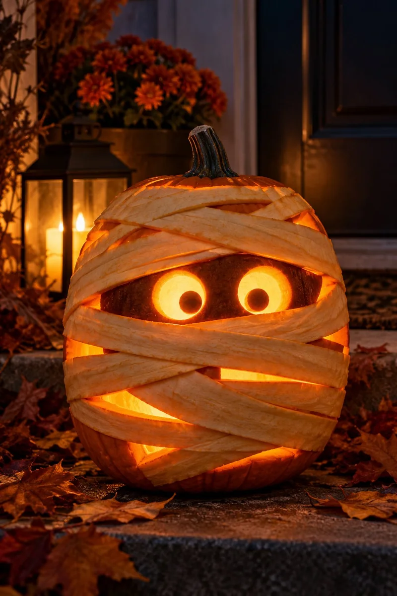 21 Printable Pumpkin-Carving Patterns for Halloween 7 Carved pumpkin with mummy wrap bandages and glowing round eyes