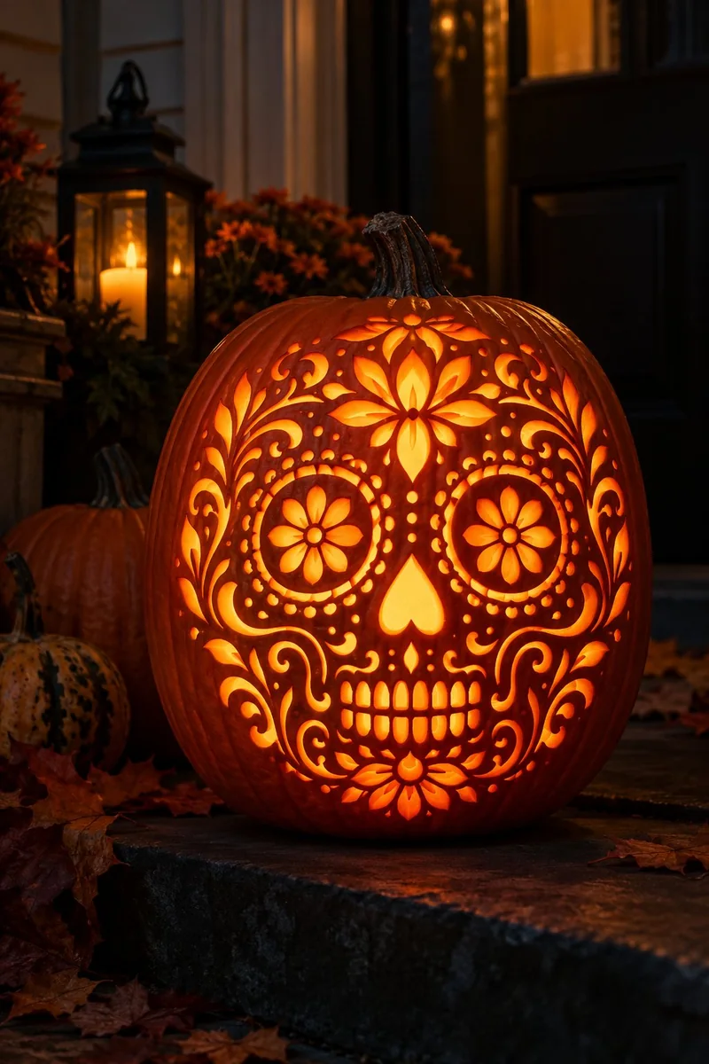 21 Printable Pumpkin-Carving Patterns for Halloween 8 Carved pumpkin with a detailed sugar skull pattern glowing with flower details