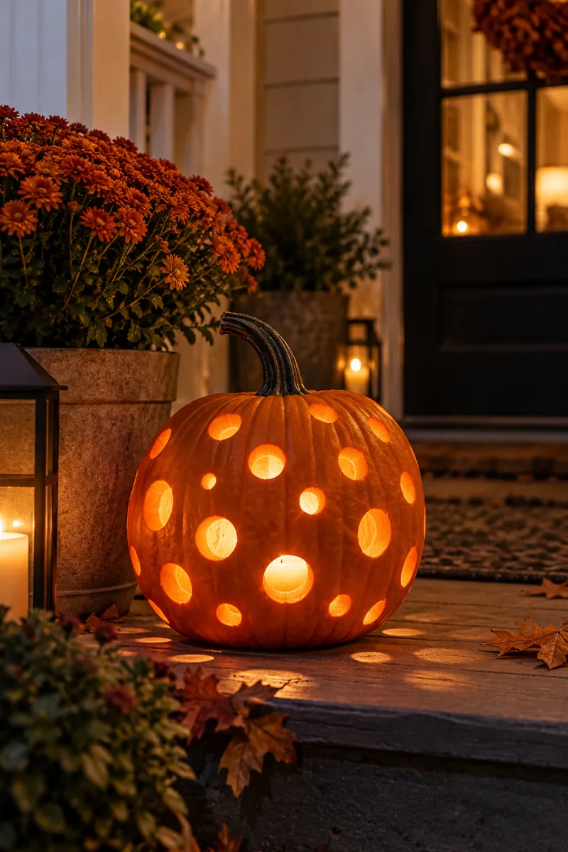 Carved pumpkin with a freehand polka dot pattern glowing warmly on a porch at night