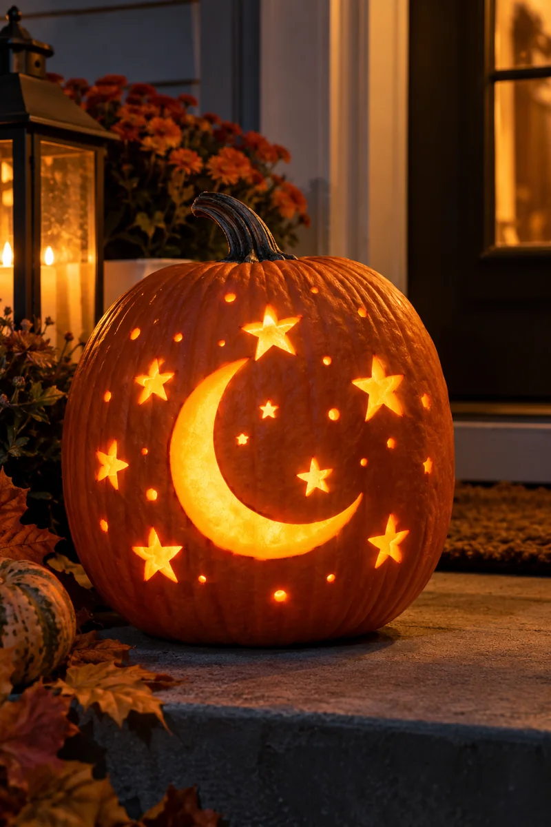 Jack-o'-lantern with a crescent moon and star cutouts drawn freehand with cup rims, lit from inside