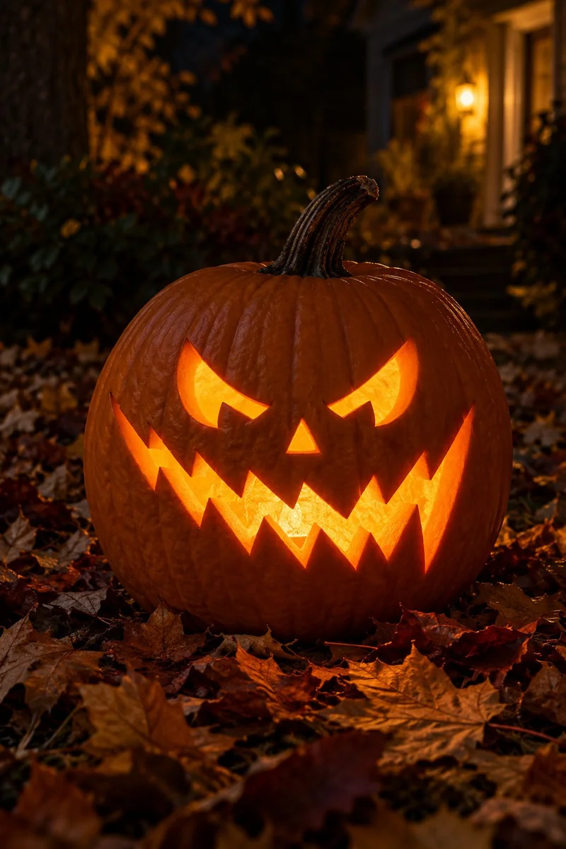 Pumpkin with a bold zigzag lightning-bolt mouth carved freehand, glowing on fall leaves