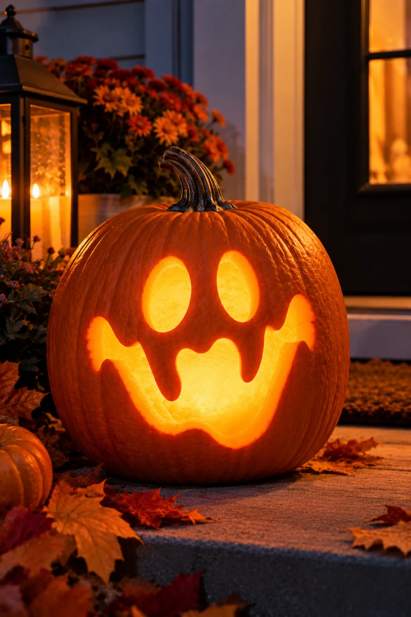 Cute ghost-face pumpkin with oval eyes and a wavy mouth drawn freehand in marker, then carved
