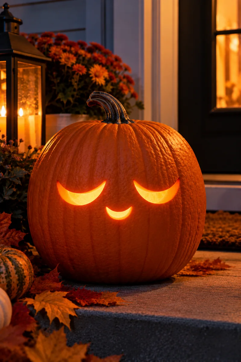 Sleepy-face pumpkin with half-moon closed eyes and a tiny smile, glowing softly at dusk