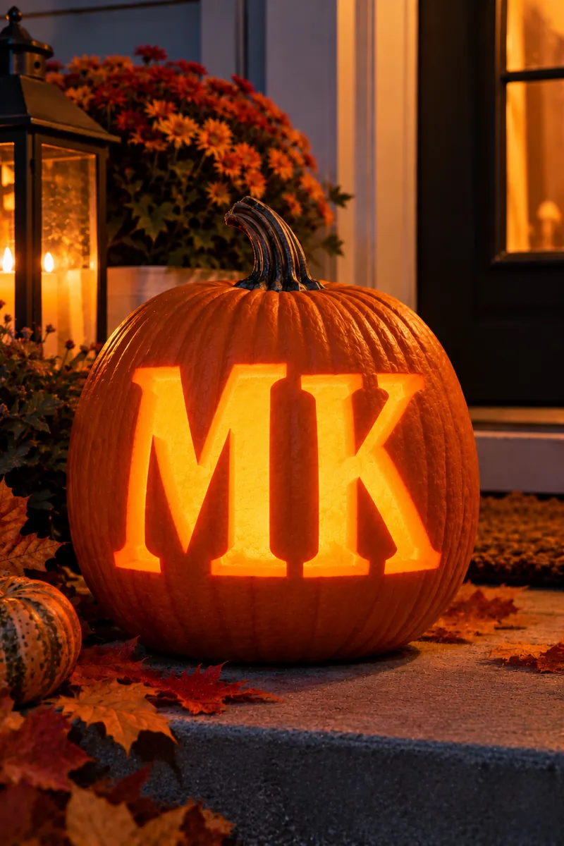 Pumpkin carved with large freehand block-letter initials glowing on a front porch step