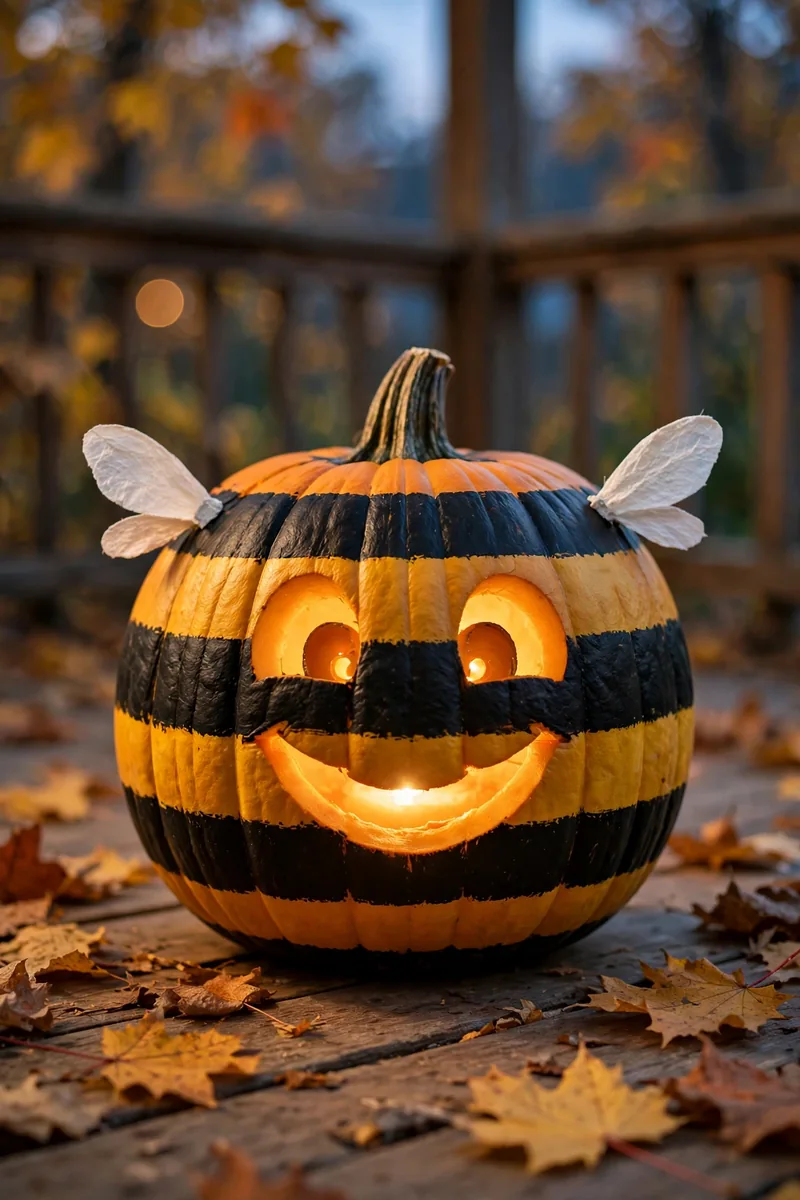 Carved pumpkin with chubby bumblebee stripes and smiling face