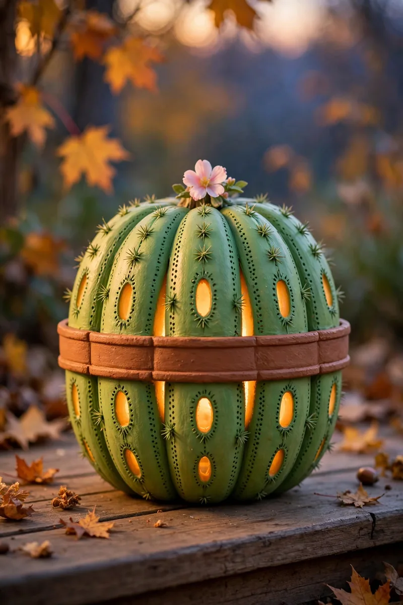 Carved pumpkin painted like a cute cactus with a tiny flower