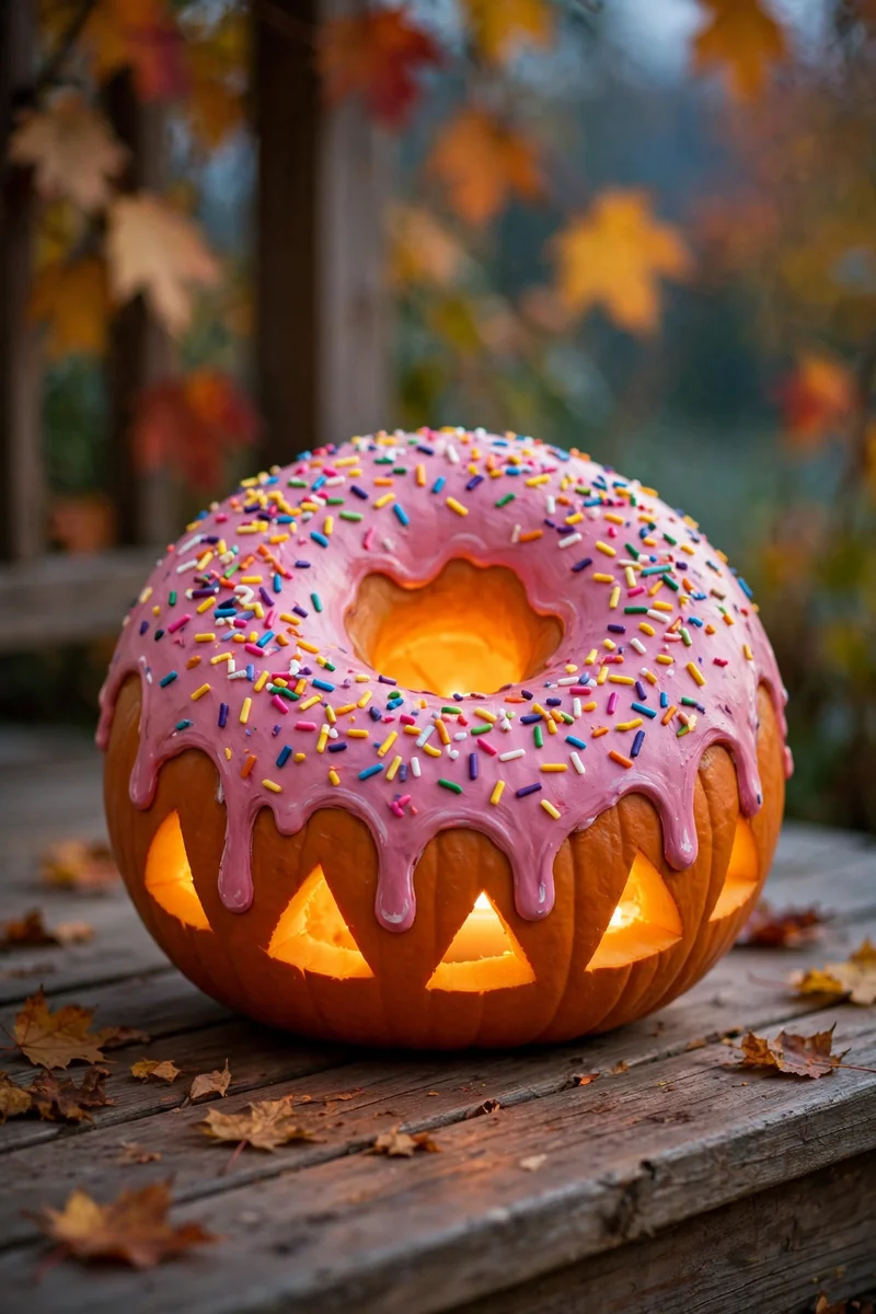 Pumpkin carved and painted like a frosted donut with sprinkles