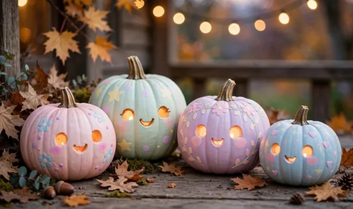 Glowing cute carved pumpkins with kawaii faces on a porch