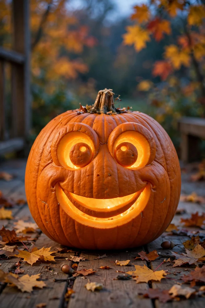 Carved pumpkin with a cute frog face, big round eyes and wide smile