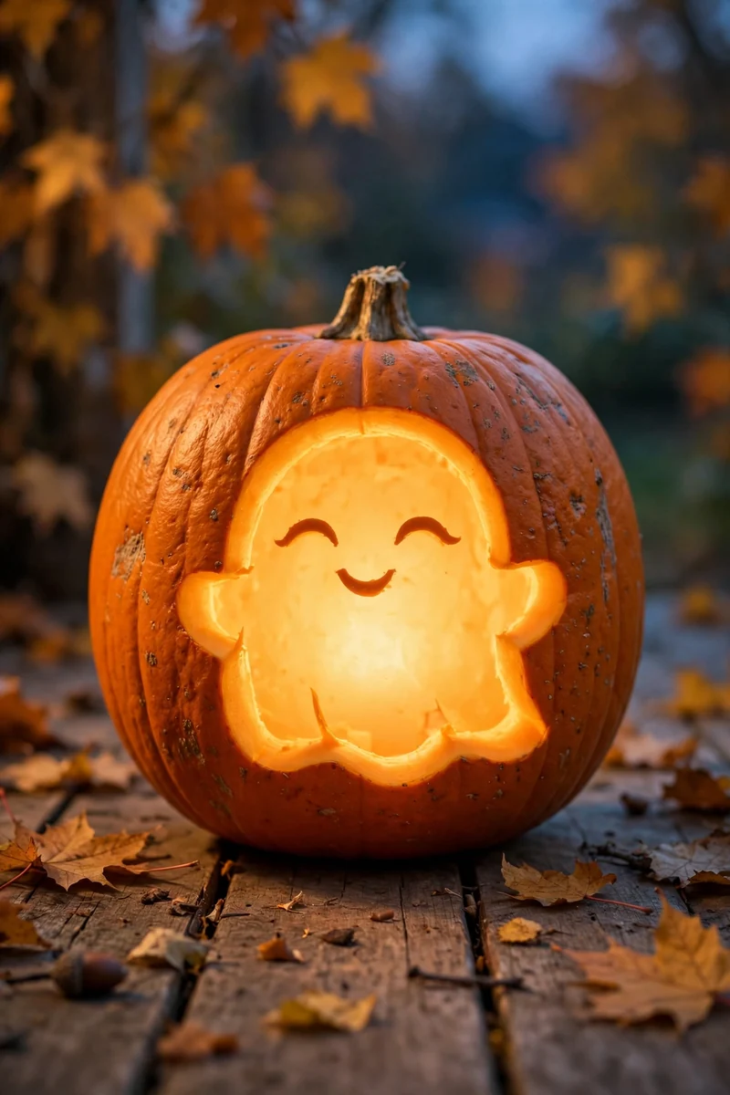 Carved pumpkin with a cute chubby ghost, happy closed eyes
