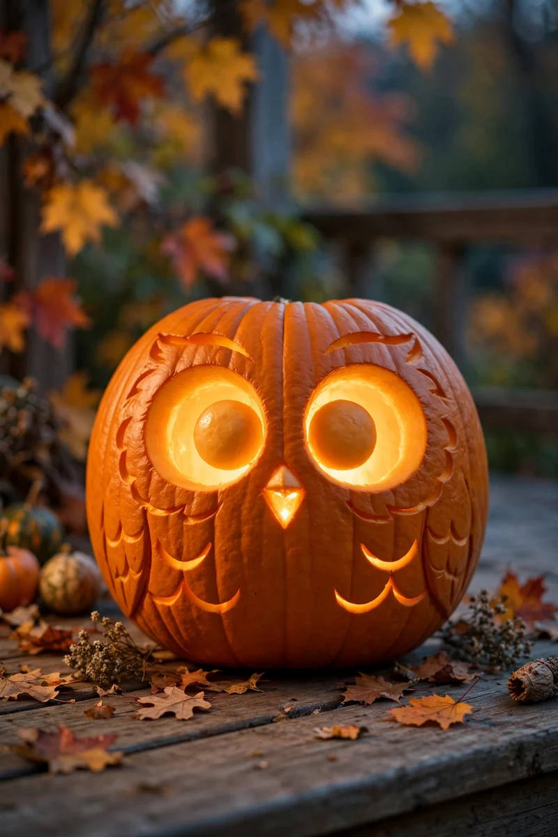 Carved pumpkin with a wide-eyed cute owl face