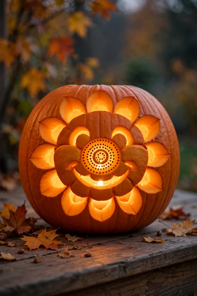 Carved pumpkin with a smiling sunflower face and rounded petals