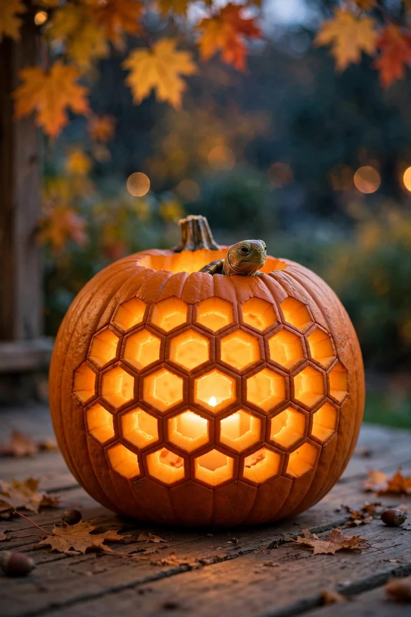 Carved pumpkin with a hexagon turtle shell pattern