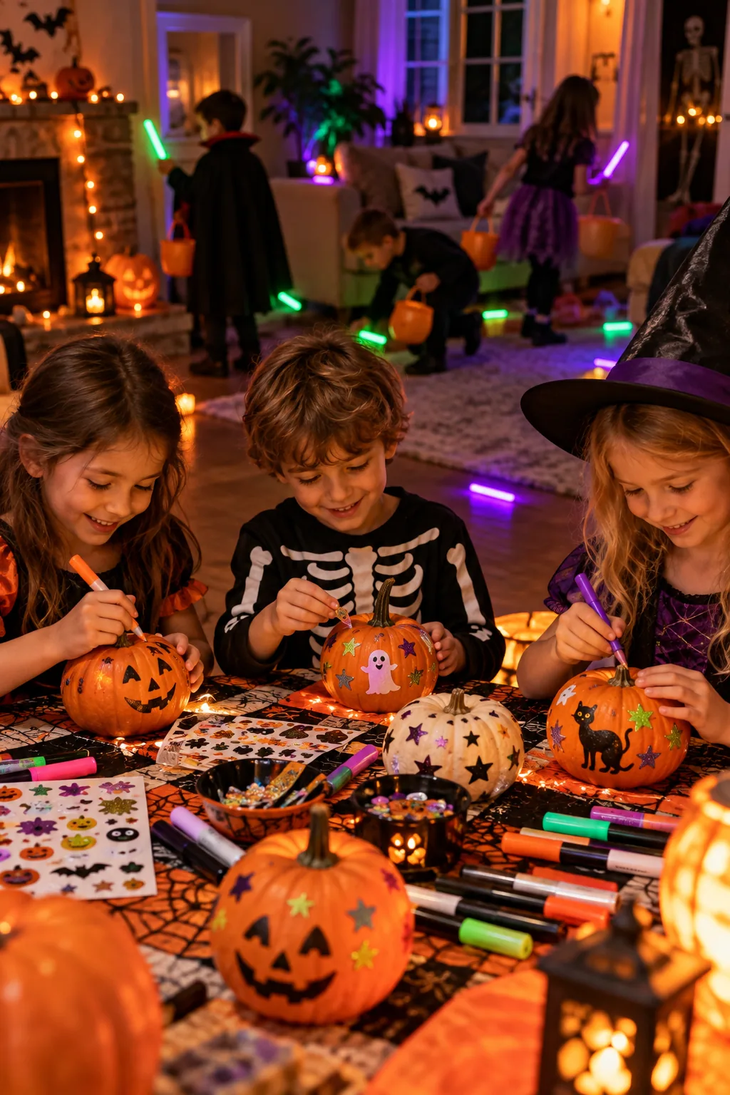 Children decorating mini pumpkins with markers and stickers while other kids search for glowing sticks in a Halloween room.