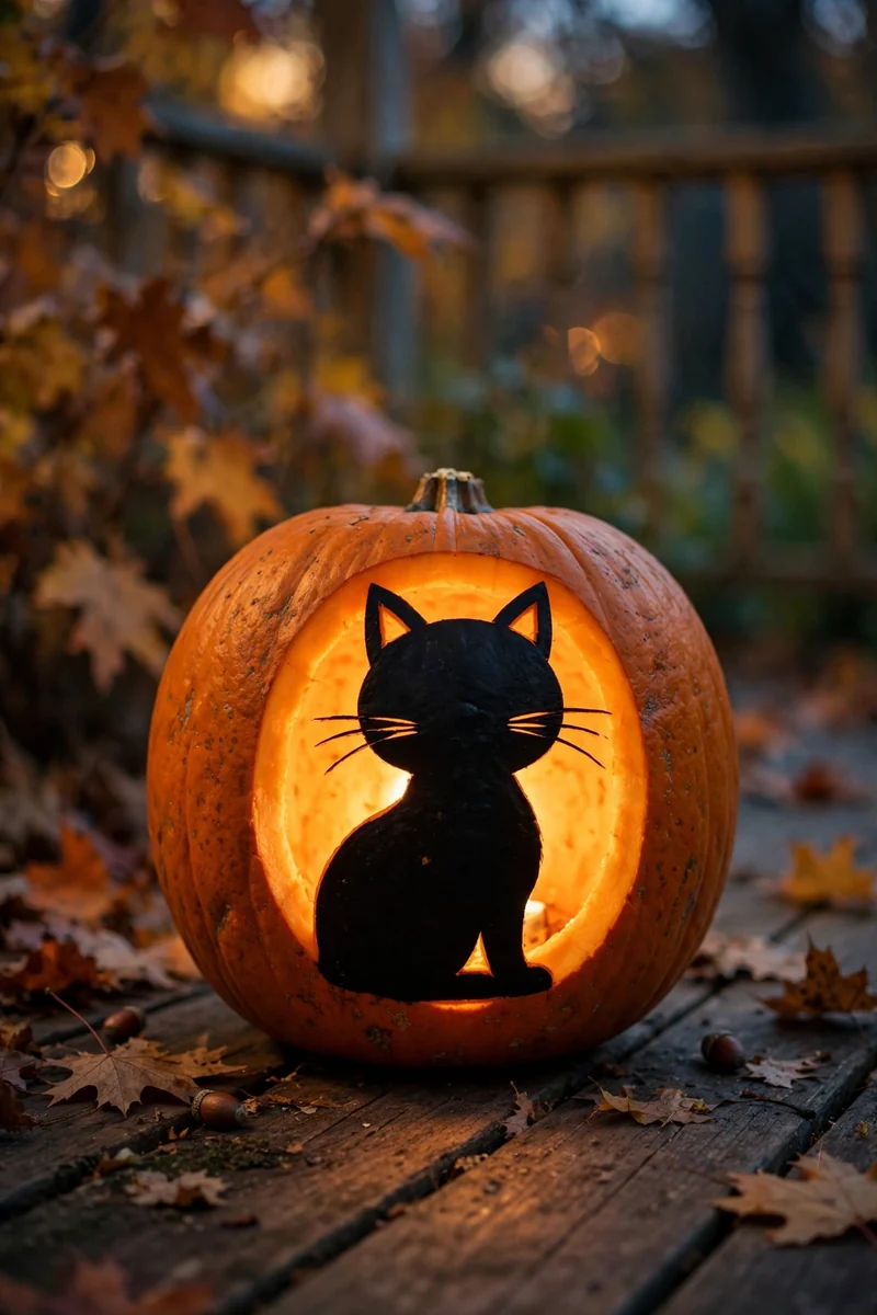 25 Easy Pumpkin-Carving Ideas Anyone Can Recreate 3 Carved pumpkin with a black cat silhouette, triangle ears and whiskers