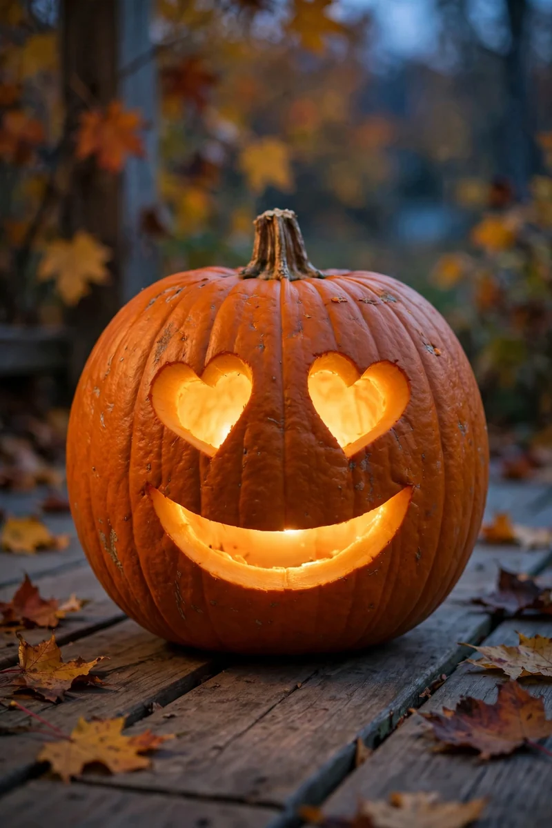 25 Easy Pumpkin-Carving Ideas Anyone Can Recreate 5 Carved pumpkin with heart-shaped eyes and a big smile