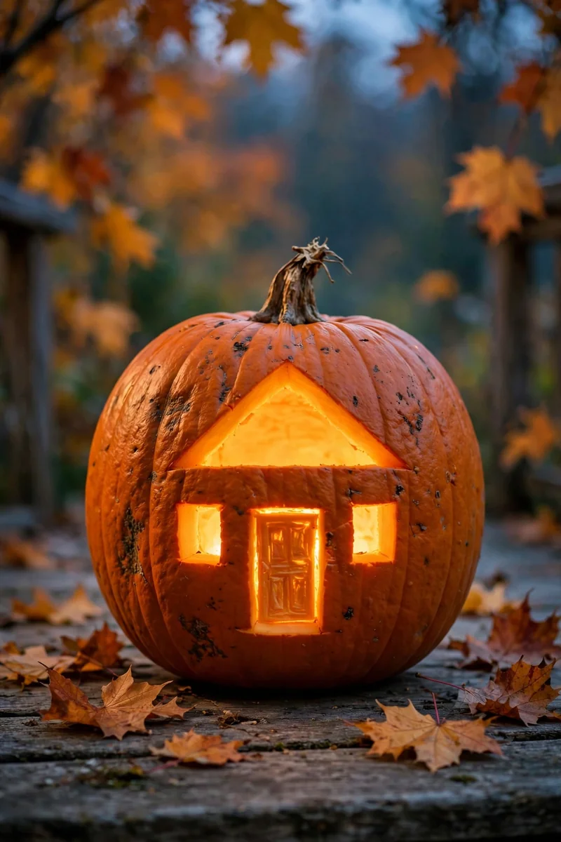 25 Easy Pumpkin-Carving Ideas Anyone Can Recreate 9 Carved pumpkin with a little house silhouette and glowing windows
