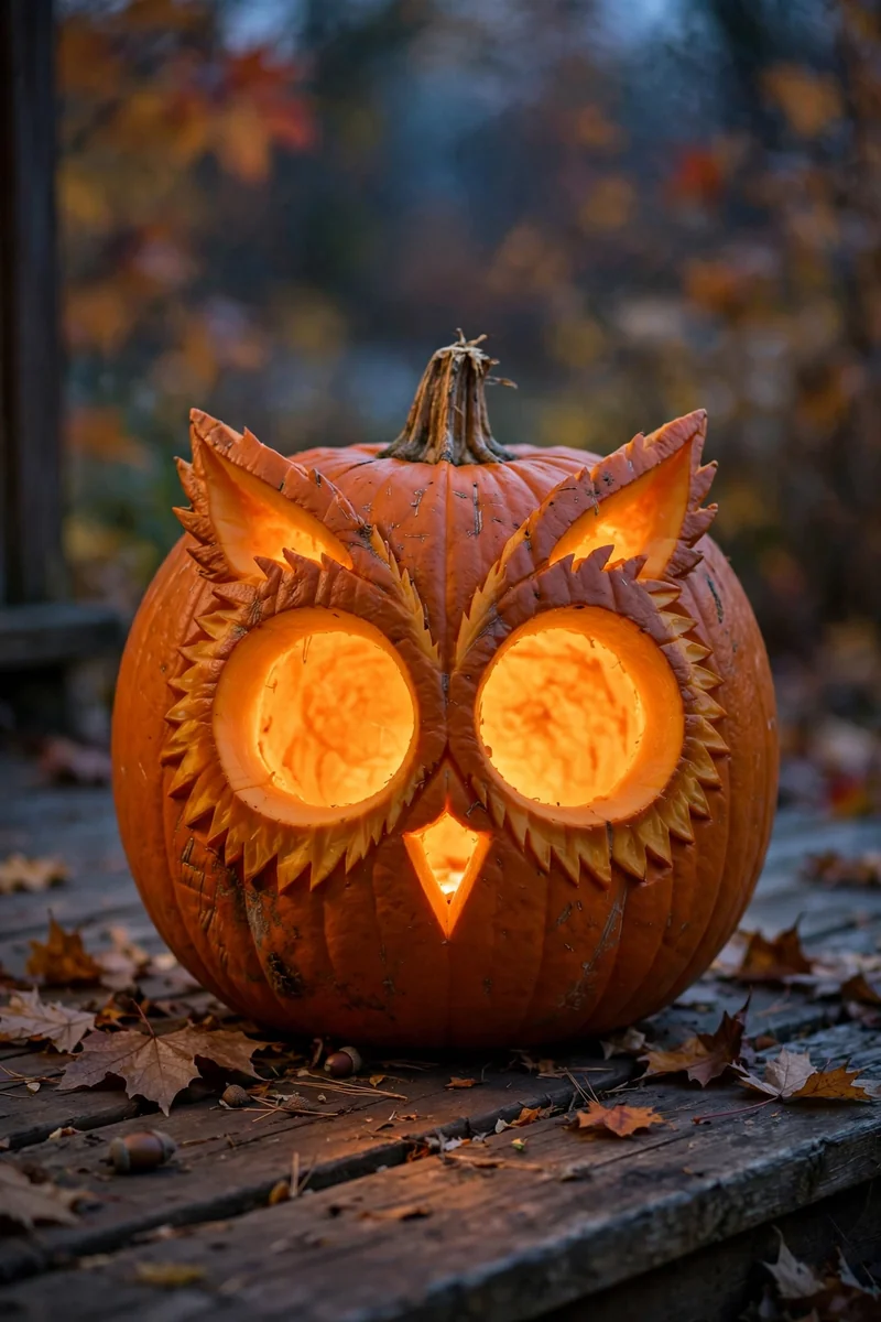 25 Easy Pumpkin-Carving Ideas Anyone Can Recreate 6 Carved pumpkin with a big owl face, huge round eyes and triangle beak