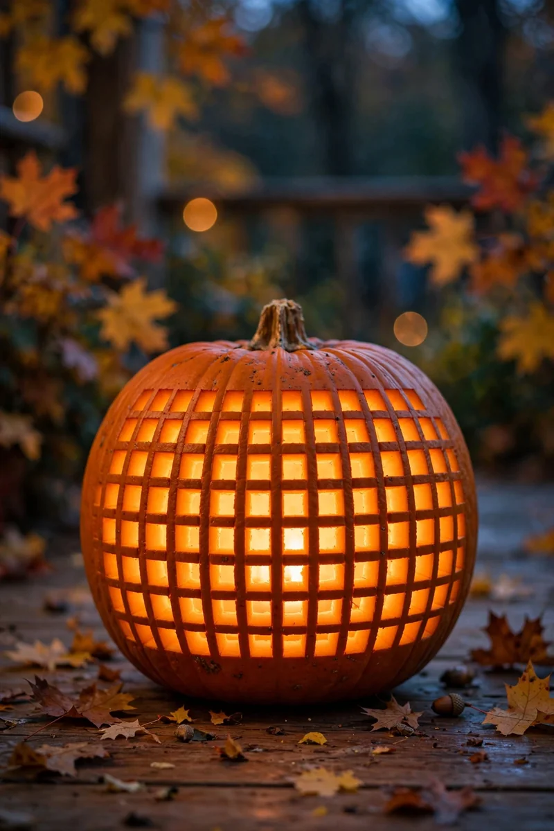 25 Easy Pumpkin-Carving Ideas Anyone Can Recreate 8 Carved pumpkin with a plaid crosshatch grid glowing like a lantern