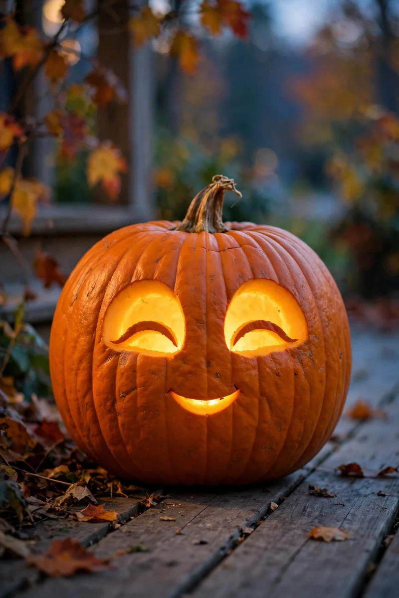 25 Easy Pumpkin-Carving Ideas Anyone Can Recreate 1 Carved pumpkin with a sleepy happy face, closed curved eyes and tiny smile, glowing on a fall porch
