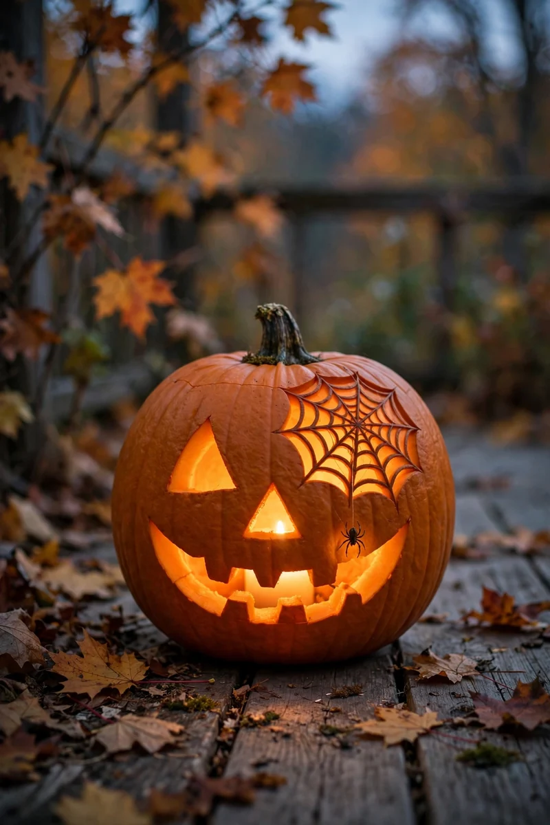 25 Easy Pumpkin-Carving Ideas Anyone Can Recreate 4 Carved pumpkin with a spiderweb in one corner and a tiny hanging spider