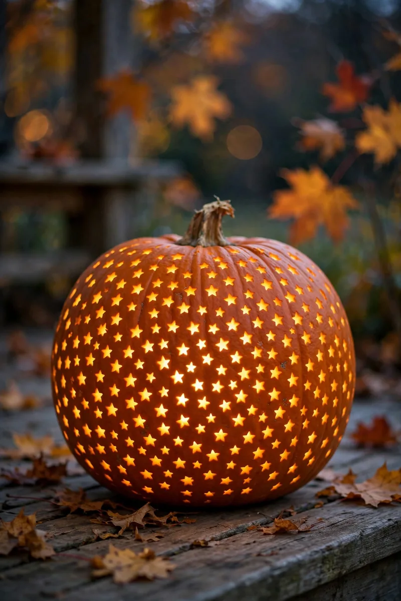 25 Easy Pumpkin-Carving Ideas Anyone Can Recreate 2 Carved pumpkin with tiny glowing star shapes scattered across its surface