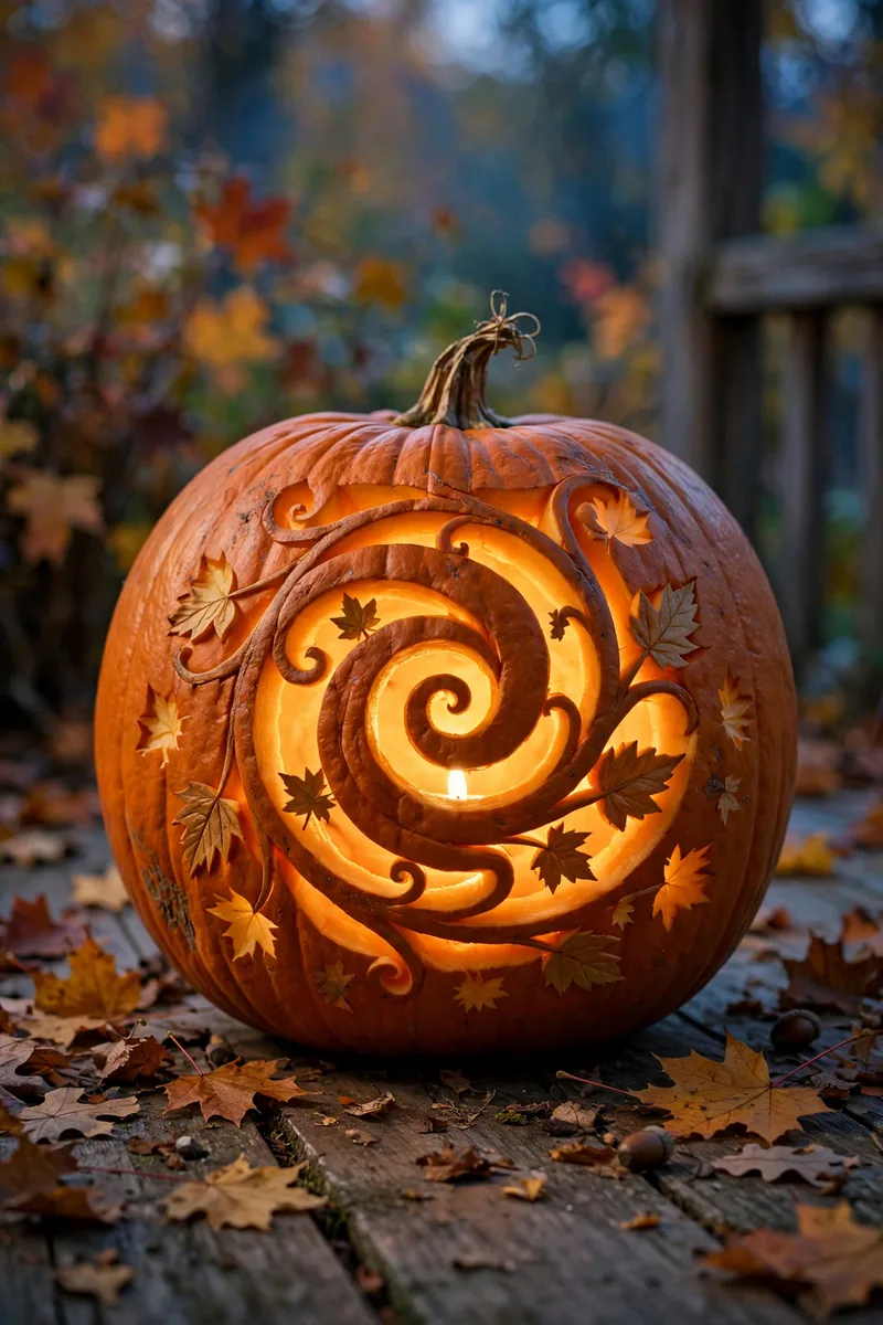 25 Easy Pumpkin-Carving Ideas Anyone Can Recreate 7 Carved pumpkin with a swirling vine and leaves spiraling around it