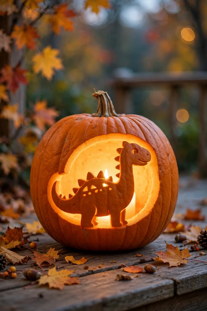 Carved pumpkin with a friendly dinosaur silhouette