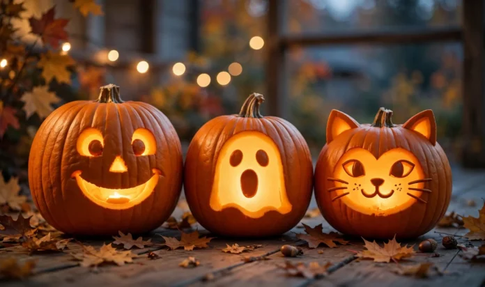 Family of glowing carved pumpkins with cute kid-friendly faces