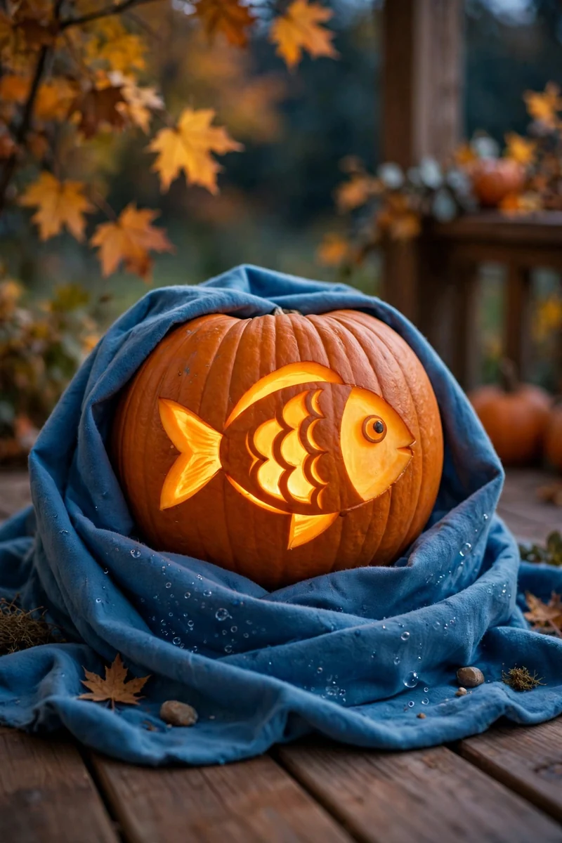 Carved pumpkin goldfish sitting in blue fabric like an aquarium