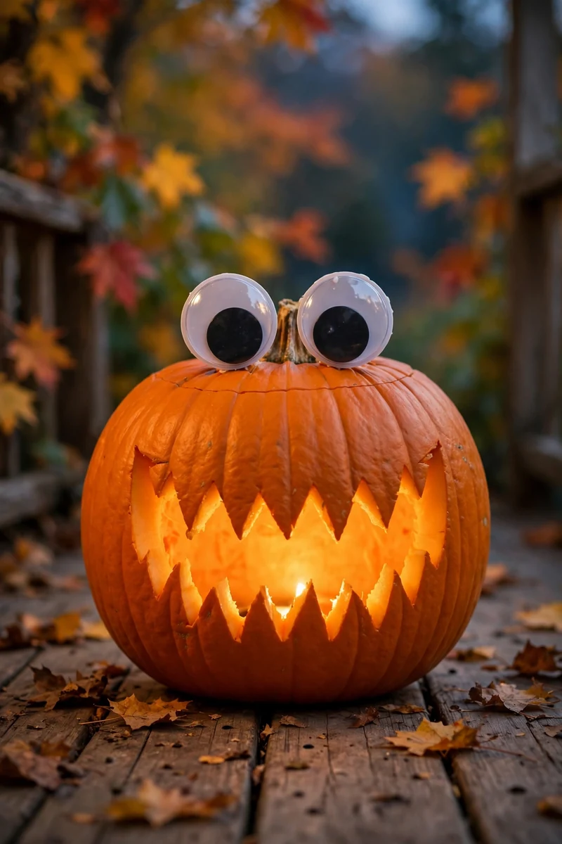 Carved pumpkin with a jagged mouth and big googly craft eyes