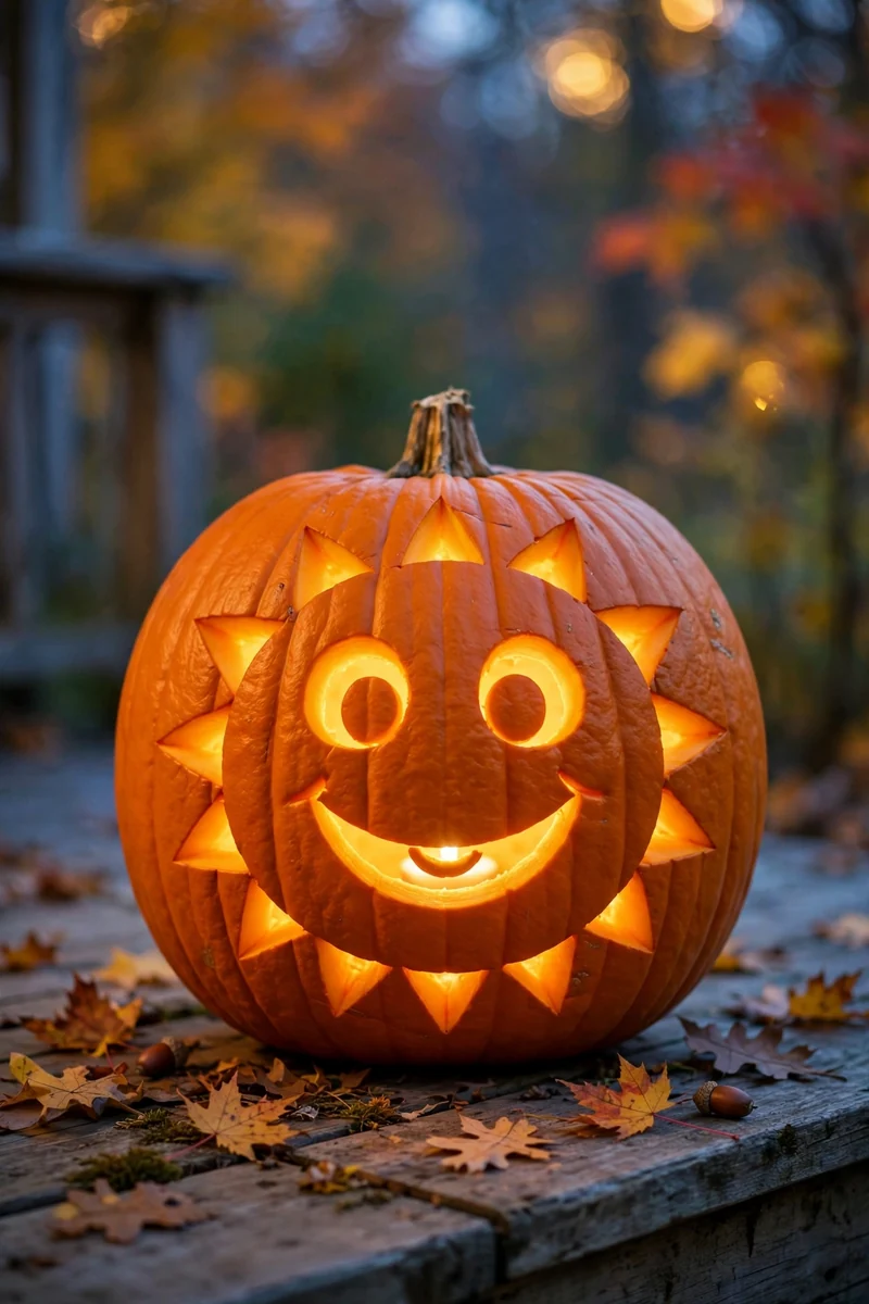 Carved pumpkin with a happy sun face and triangle rays