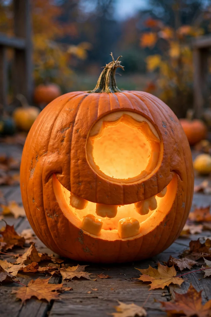 Carved pumpkin with one huge eye and a lopsided grin