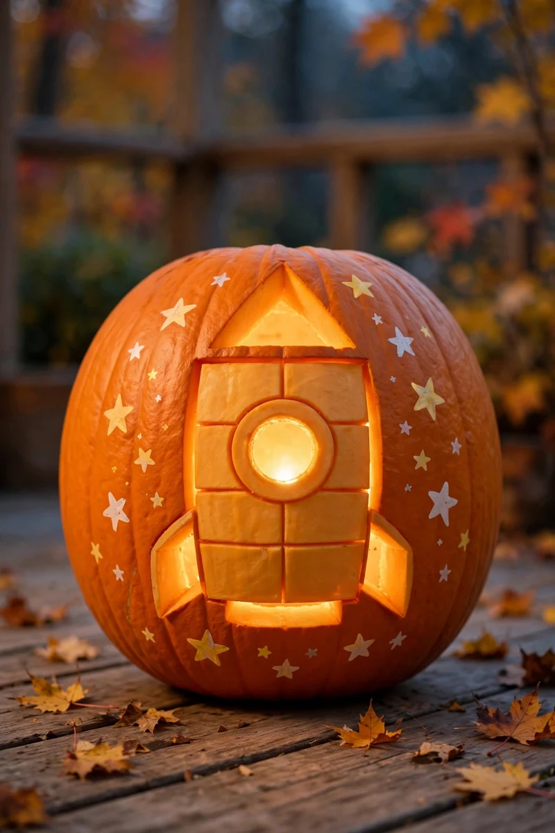 Painted and carved pumpkin rocket ship with glowing window
