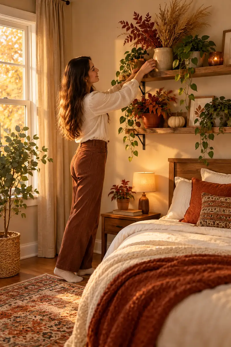 A woman in a blouse arranging autumn-toned potted plants and dried grasses on a bedroom shelf