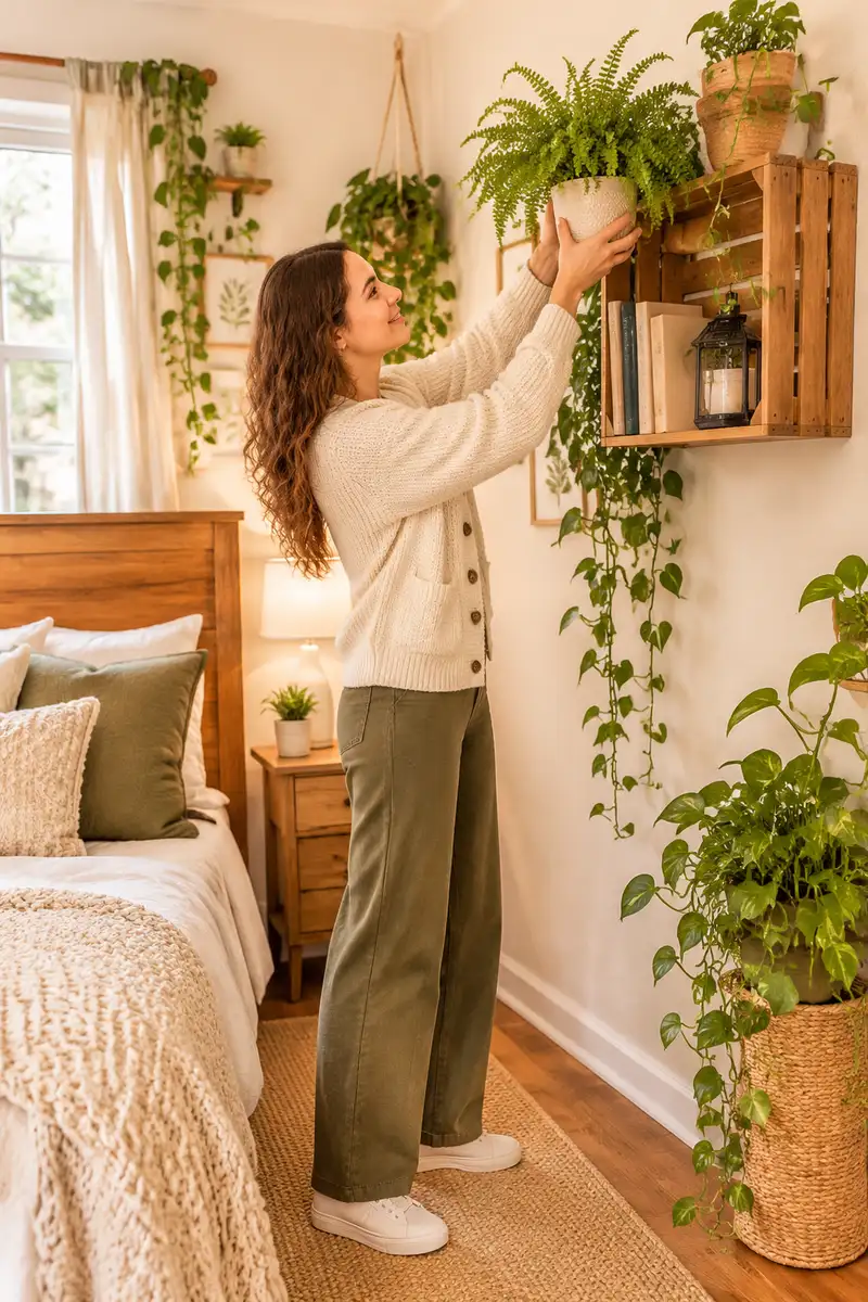 A woman in a cardigan placing a potted fern into a rustic wooden crate shelf mounted on a bedroom wall