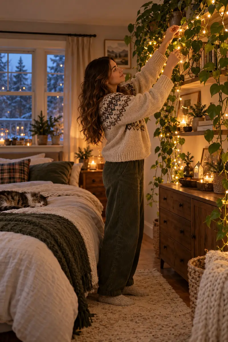 A woman in a cozy sweater hanging fairy lights among trailing plants on a bedroom shelf in winter