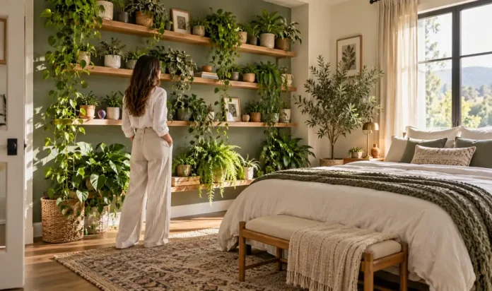 Woman admiring a bedroom wall styled with plant shelves full of greenery
