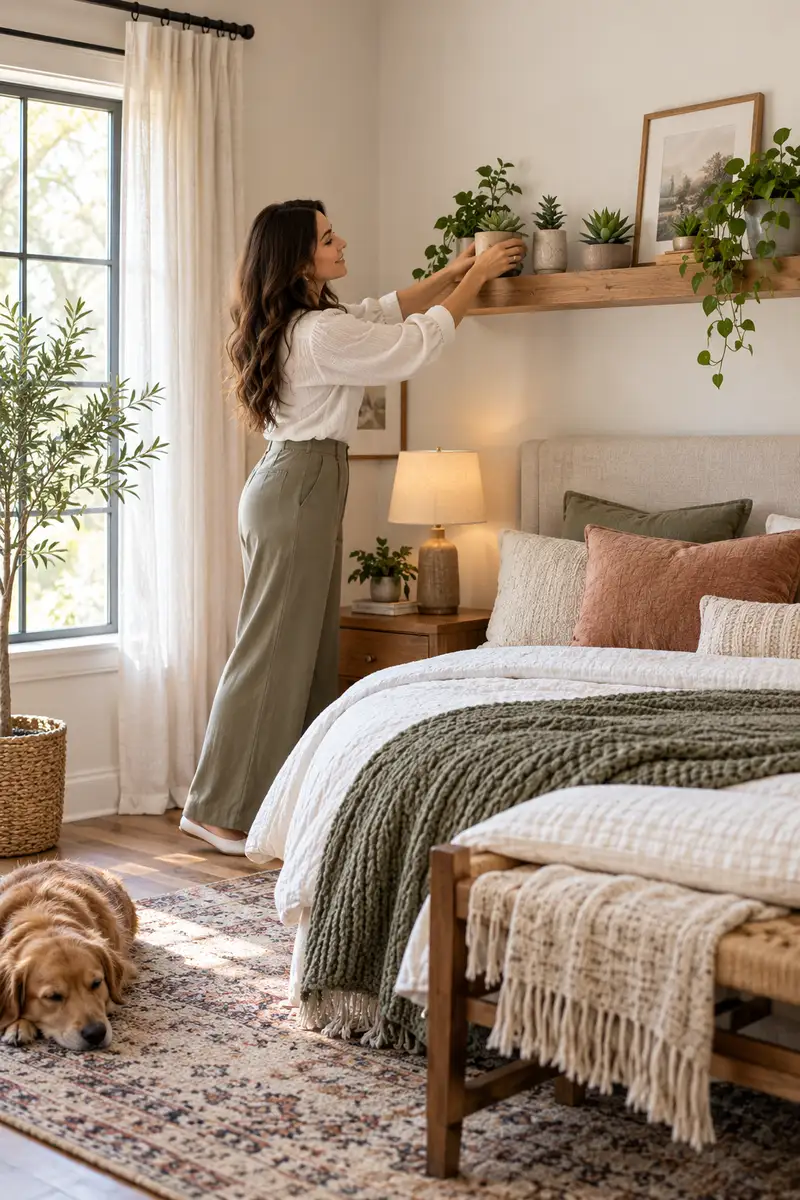 A woman in a white blouse arranging small potted succulents on a floating wooden shelf above a bed in a bright bedroom