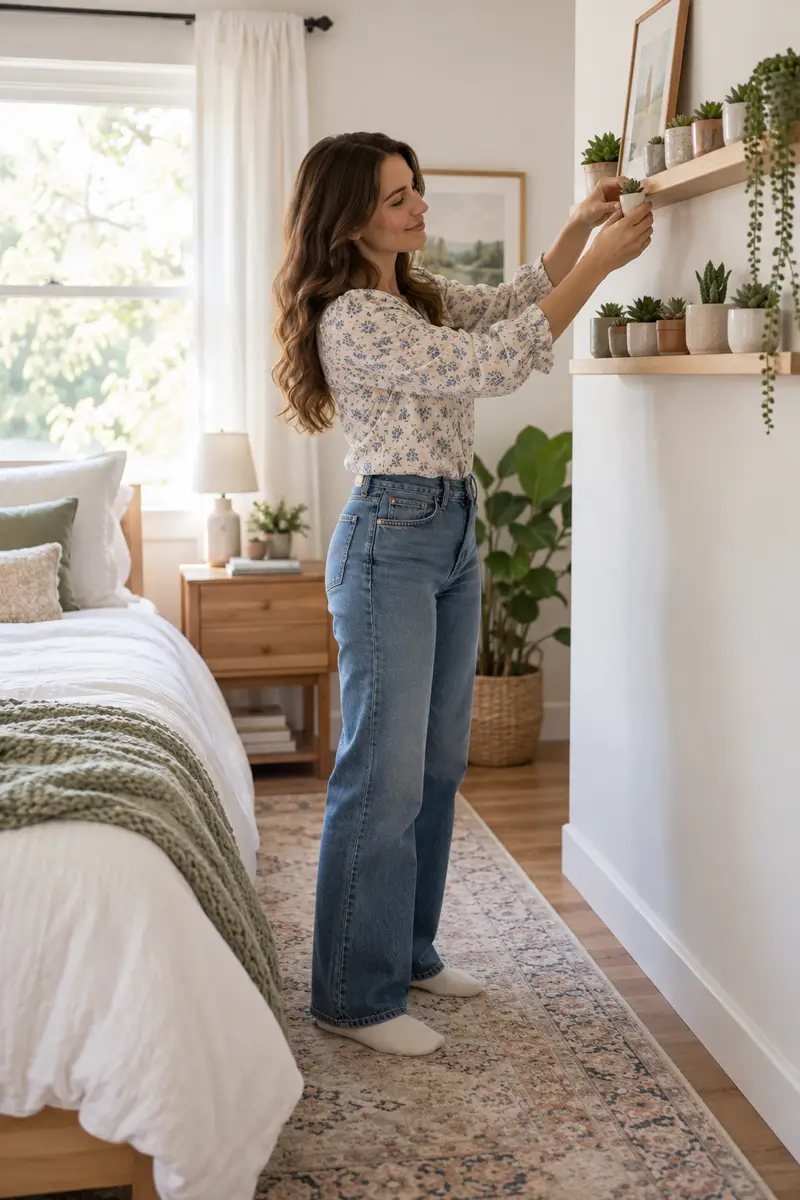 A woman in a blouse and jeans arranging tiny succulents in a row on narrow picture-ledge shelves in a bedroom
