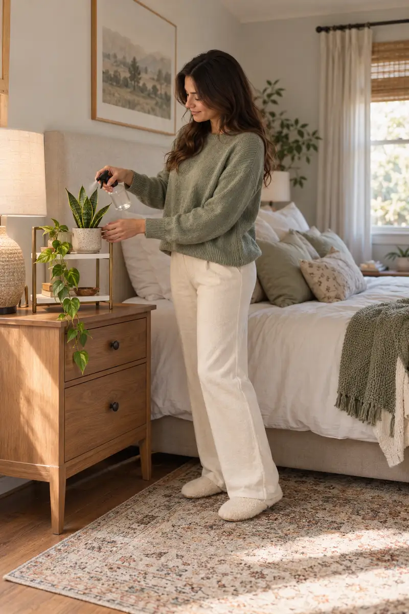 A woman in a sweater misting a tiny snake plant on a two-tier riser shelf on her nightstand
