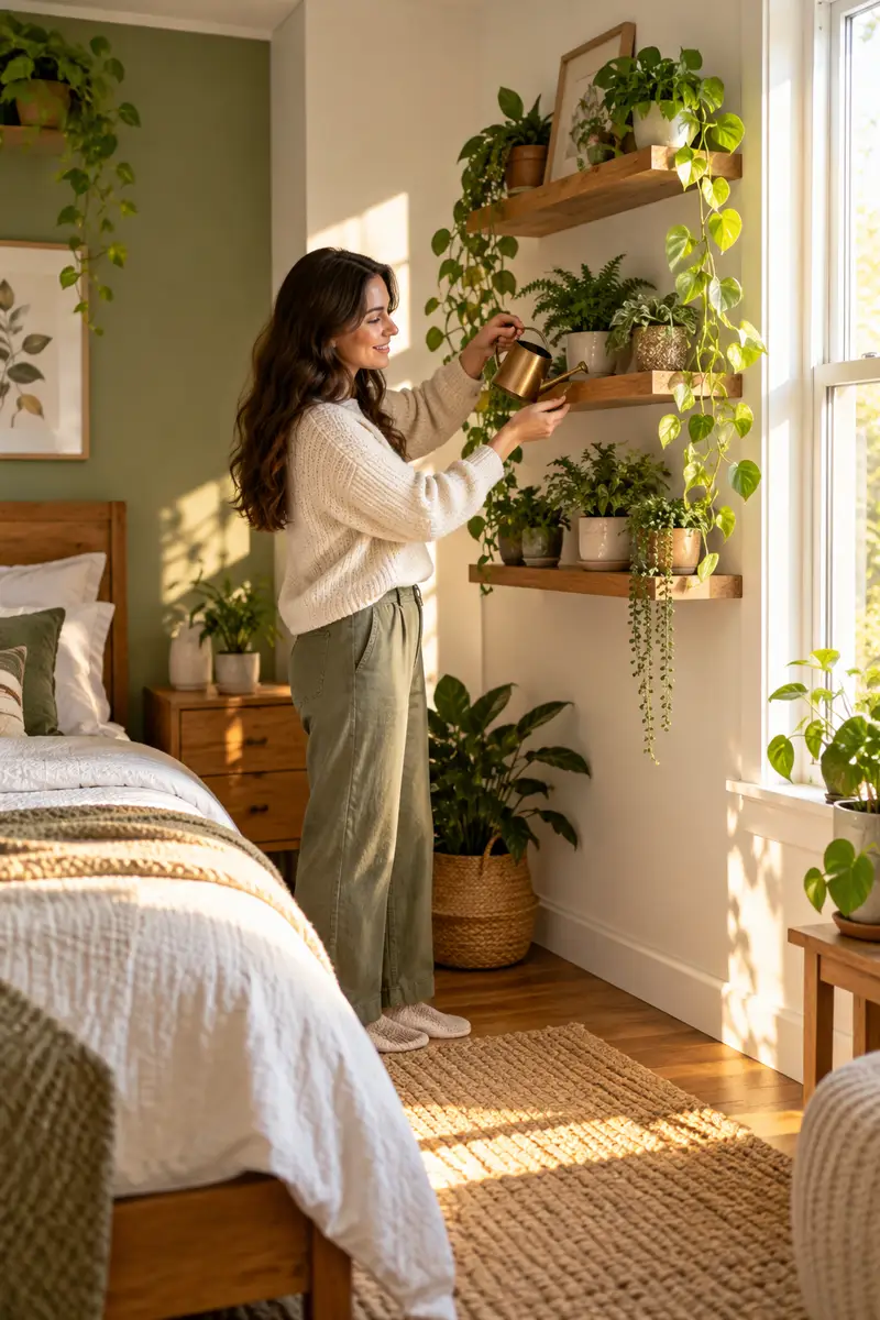 A woman in a cozy sweater watering small potted plants on floating shelves beside a sunny bedroom window