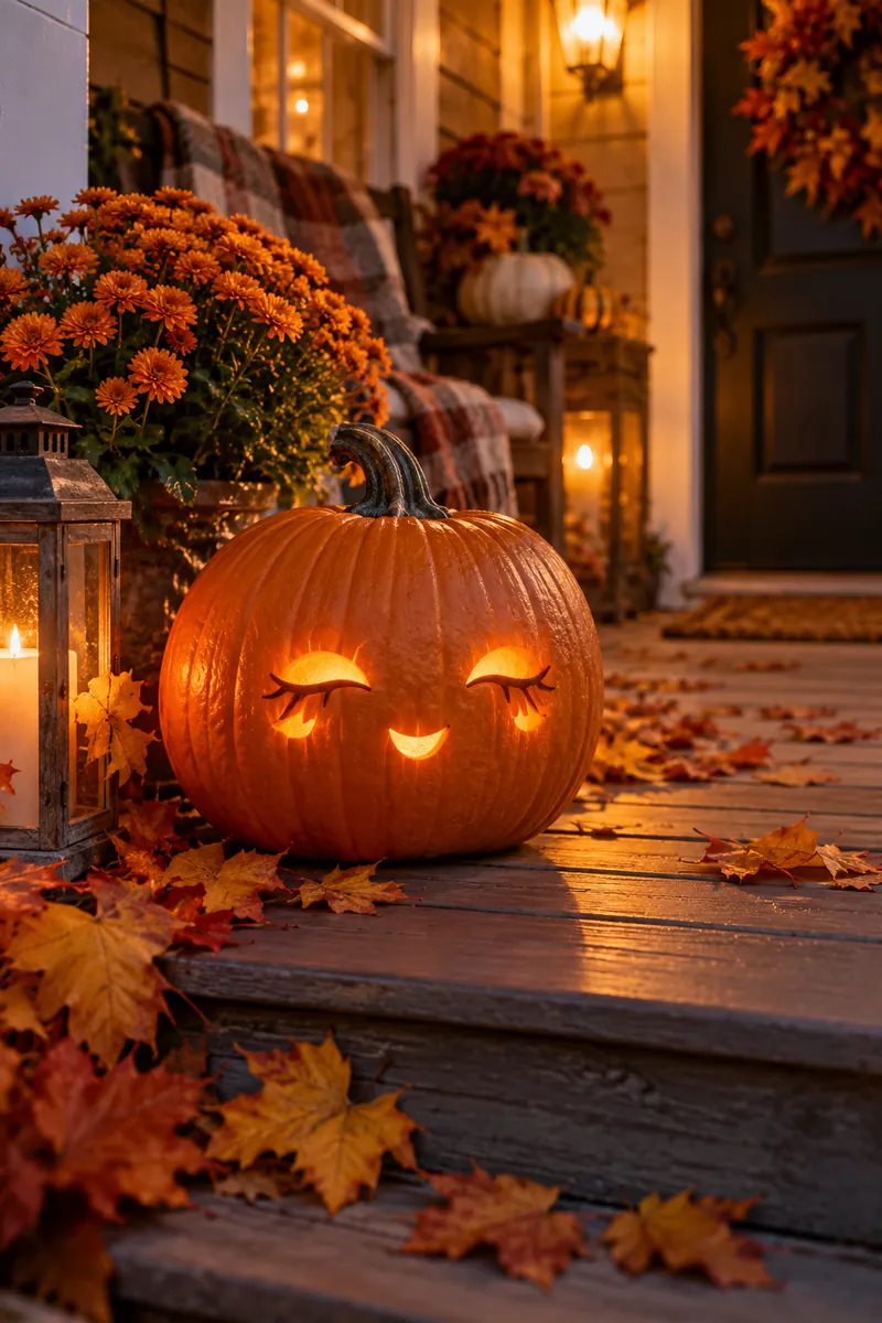 Carved pumpkin with a sleepy happy face, closed curved eyes and tiny smile, glowing on a fall porch